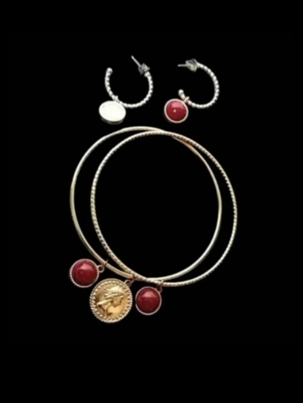 Gold-Tone Coin Charm Bangle Bracelets & Earrings with Red Enamel Accents | EUC